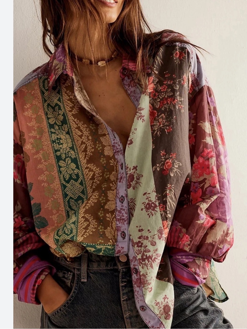 We The Free Flower Patch Mixed Media Patchwork Button Down Floral Top